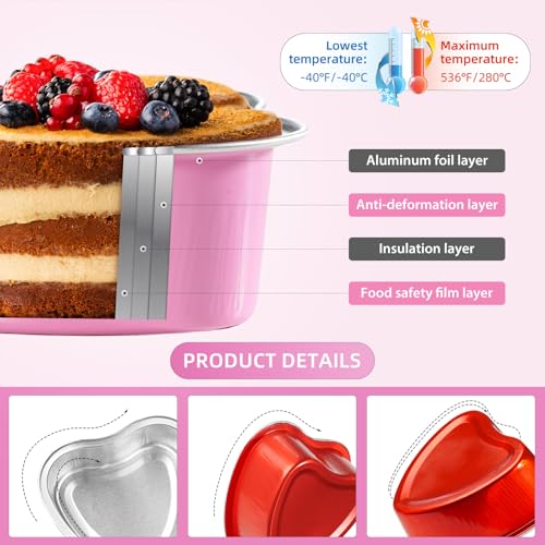 STN Mini Heart Shaped Cake Pans 100 ml/ 3.4 Ounces Heart Aluminum Foil Cupcake Pans 50pcs Valentine's Day Baking Cups With Lids Spoon for Valentine Mother's Day Birthday Wedding (Pink) - Image 3