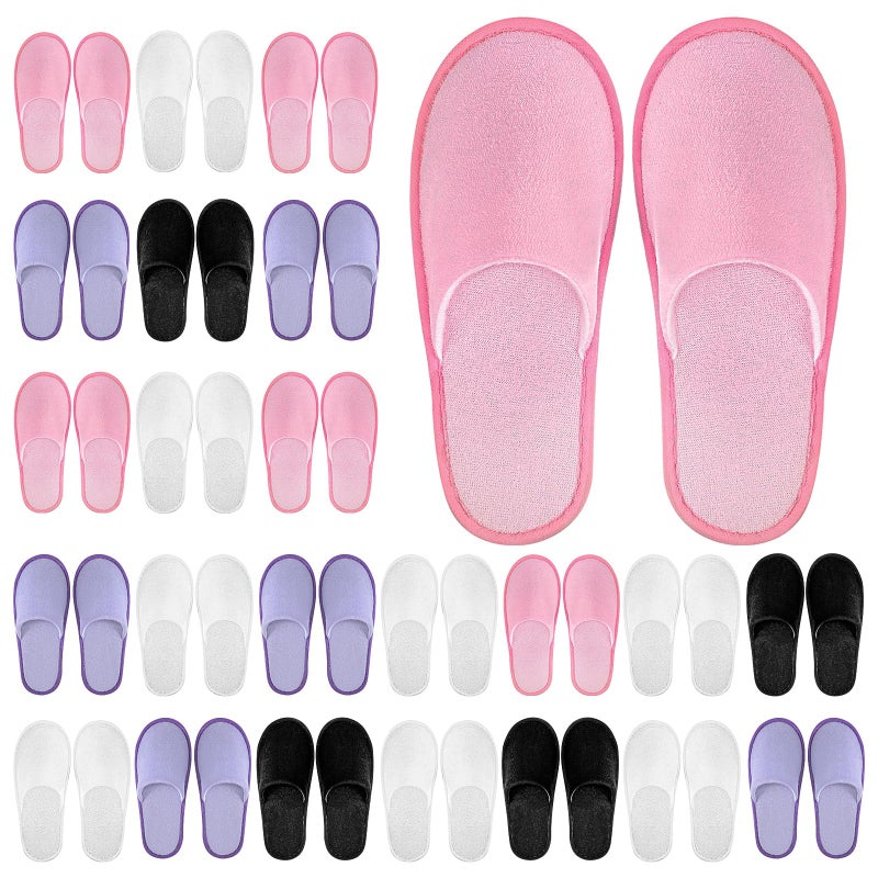 Geyoga 24 Pairs Disposable Slippers for Guests Bulk 2 Size Cotton Hotel Spa House Slippers for Graduation Wedding Party Shoeless Home Travel Individually Wrapped (White, Black, Pink, Purple, US Footwear Size System, Adult, Women, Alpha, Medium, Medium) - Image 1