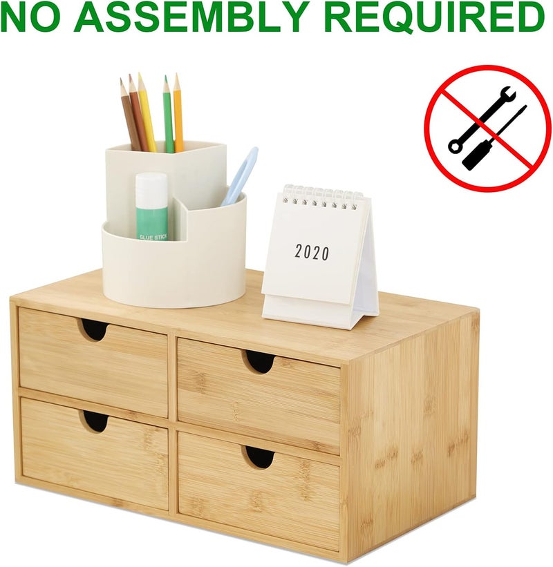 Wisuce Bamboo Desk Organizer - Mini Desktop Drawer Tabletop Storage Organization Box for Office Home Toiletries Supplies, No Assembly Required (4 Drawer) - Image 4