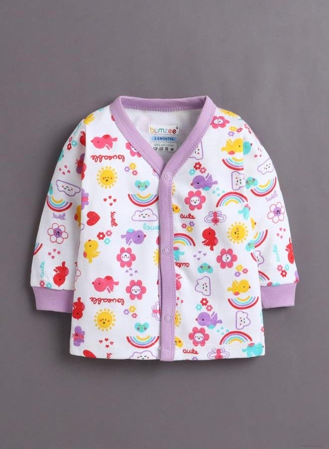 BUMZEE طقم بيجاما وعباءة قطنية بأكمام طويلة ورقبة دائرية بنقشة حيوانية من BUMZEE للبنات الصغيرات - أبيض ولافندر - من 3 إلى 6 أشهر (Peb11233C-wht) - Image 3