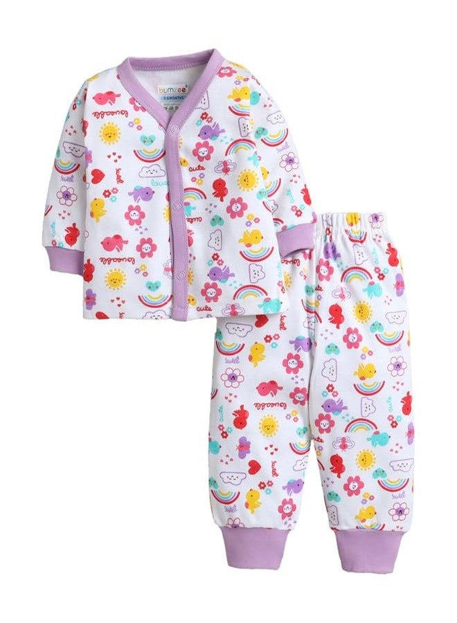 BUMZEE طقم بيجاما وعباءة قطنية بأكمام طويلة ورقبة دائرية بنقشة حيوانية من BUMZEE للبنات الصغيرات - أبيض ولافندر - من 3 إلى 6 أشهر (Peb11233C-wht) - Image 2