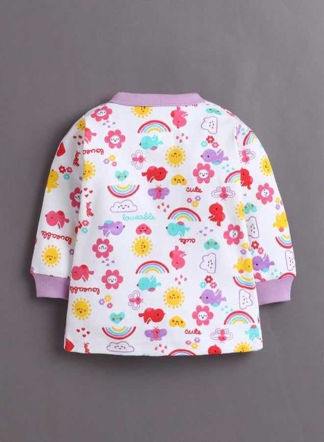 BUMZEE طقم بيجاما وعباءة قطنية بأكمام طويلة ورقبة دائرية بنقشة حيوانية من BUMZEE للبنات الصغيرات - أبيض ولافندر - من 3 إلى 6 أشهر (Peb11233C-wht) - Image 4