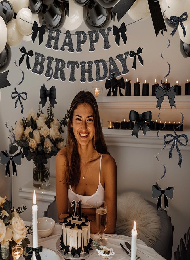 زينة حفلة عيد ميلاد بفيونكة سوداء، بالونات سوداء وبيضاء، لافتة عيد ميلاد سعيد بفيونكة، زينة معلقة بفيونكة، زينة كعكة وكب كيك بفيونكة للبنات، زينة حفلة استقبال مولود جديد، زينة حفلة عيد ميلاد كوكيت - Image 4