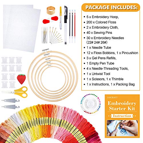 INSCRAFT 304 Pack Embroidery Kit, 200 Colors Threads, 5 Pcs Bamboo Embroidery Hoops, 2 Pcs Aida Cloth, Instructions, Bag and Cross Stitch Tools Set, Hand Embroidery Starter Kit for Beginners Adults - Image 3