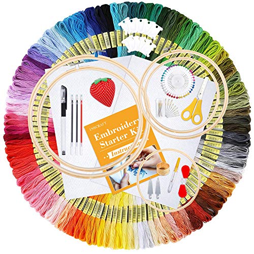 INSCRAFT 304 Pack Embroidery Kit, 200 Colors Threads, 5 Pcs Bamboo Embroidery Hoops, 2 Pcs Aida Cloth, Instructions, Bag and Cross Stitch Tools Set, Hand Embroidery Starter Kit for Beginners Adults - Image 1