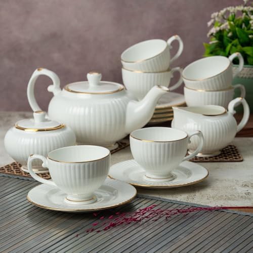 Clay Craft Julie Impression 15-Piece Fine Ceramic Tea Set – Includes Teapot with Lid, Cups, Saucers, Milk and Sugar Pots – Elegant White Design for Tea Partie - Image 1