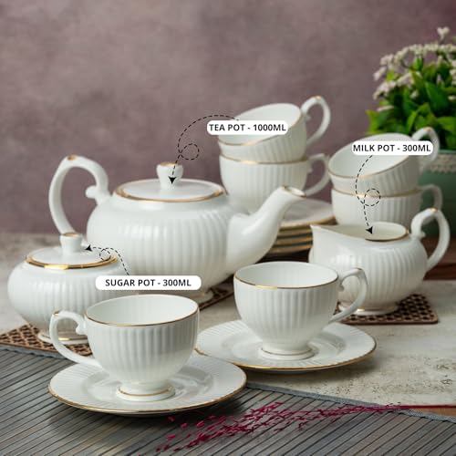 Clay Craft Julie Impression 15-Piece Fine Ceramic Tea Set – Includes Teapot with Lid, Cups, Saucers, Milk and Sugar Pots – Elegant White Design for Tea Partie - Image 4