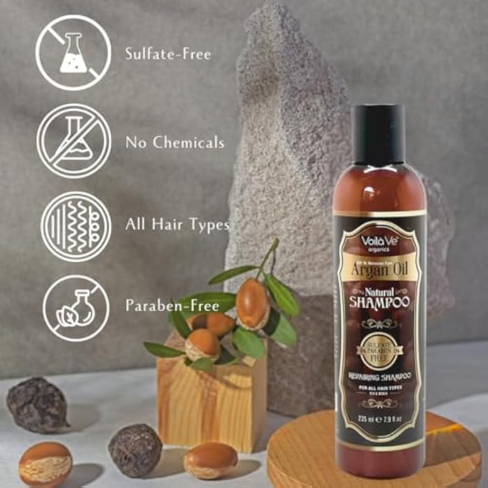 VoilaVe Moroccan Argan Oil Shampoo, Sulfate-Free Shampoo for Hair Growth, Hydrating & Repairing Shampoo for Dry, Damaged, Curly Hair & Scalp, Moisturizing Shampoo for Men & Women, All Hair Types - 8oz - Image 4