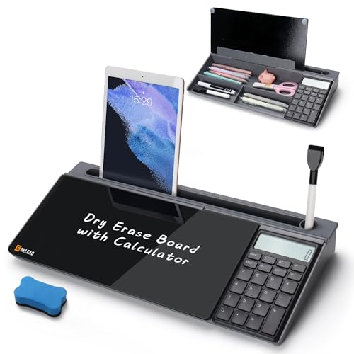 SELEAD Desktop Glass Whiteboard with Calculator, Organizer, Markers, Eraser, Holder - Black Dry Erase White Board Computer Pad Keyboard Stand for Home, School, Office Desk Cubicle Accessories - Image 1