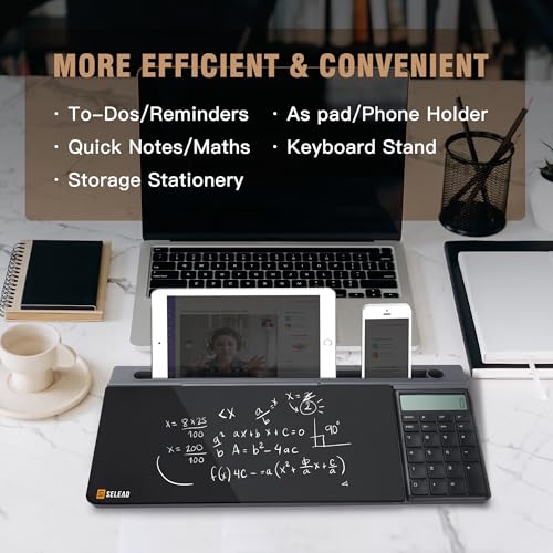 SELEAD Desktop Glass Whiteboard with Calculator, Organizer, Markers, Eraser, Holder - Black Dry Erase White Board Computer Pad Keyboard Stand for Home, School, Office Desk Cubicle Accessories - Image 2