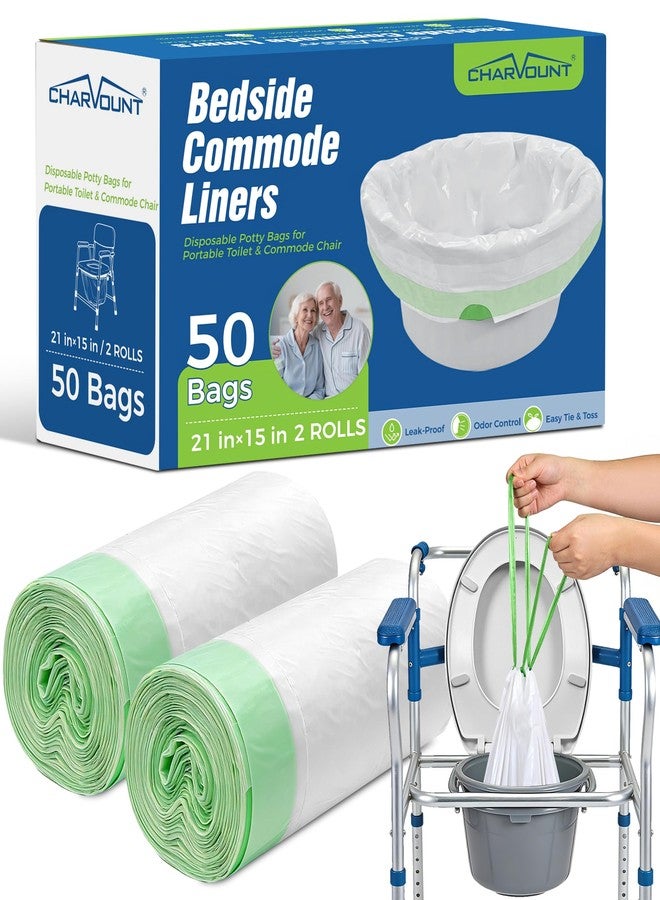 Charmount أكياس مرحاض شارمونت الجانبية، أكياس مرحاض للاستخدام مرة واحدة مع رباط، أكياس مانعة للتسرب تناسب جميع أنواع كراسي المراحيض المحمولة، وأكياس دلو المرحاض، وأكياس أوعية التبول للاستخدام المنزلي والتخييم - عبوة من 50 كيسًا - Image 1