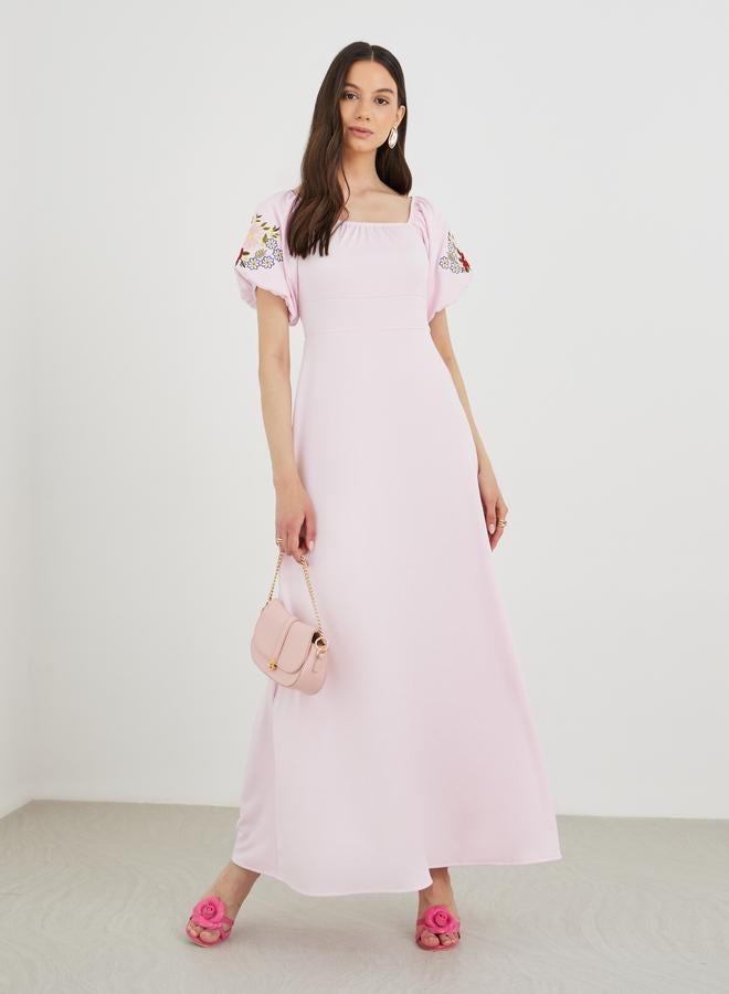 Take Two Embroidered Puff Sleeve Square Neck Maxi Dress - Image 1