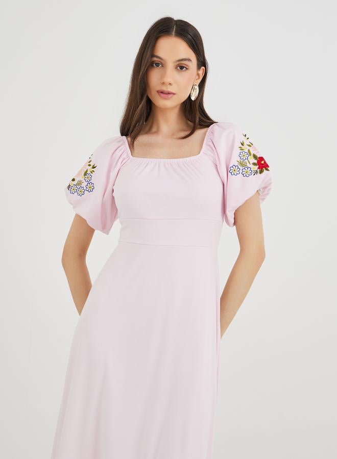 Take Two Embroidered Puff Sleeve Square Neck Maxi Dress - Image 3