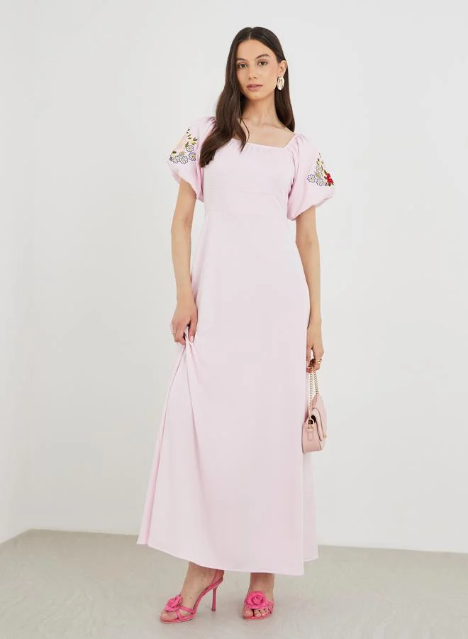 تايك تو Take Two Embroidered Puff Sleeve Square Neck Maxi Dress