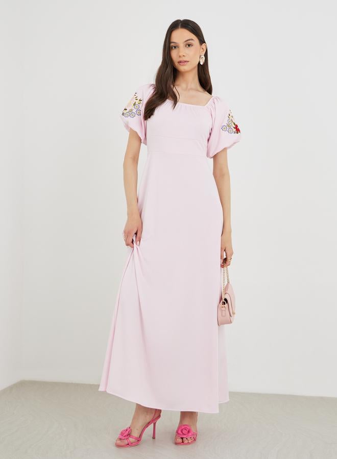 Take Two Embroidered Puff Sleeve Square Neck Maxi Dress - Image 2