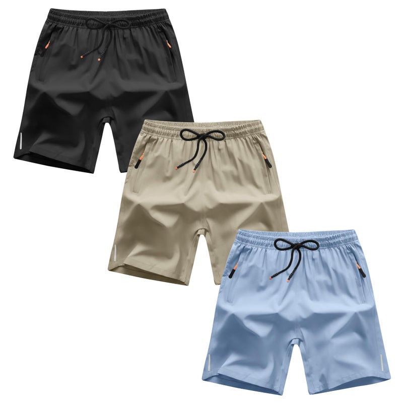 ANHDM Boys Athletic Shorts Quick Dry Sport Shorts Lightweight Running Shorts with Zipper Pockets (Pack of 3), Z/Black&Khaki&Grey Blue, 13-14T - Image 1