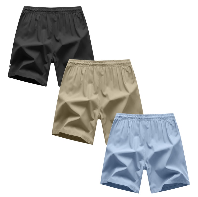 ANHDM Boys Athletic Shorts Quick Dry Sport Shorts Lightweight Running Shorts with Zipper Pockets (Pack of 3), Z/Black&Khaki&Grey Blue, 13-14T - Image 2