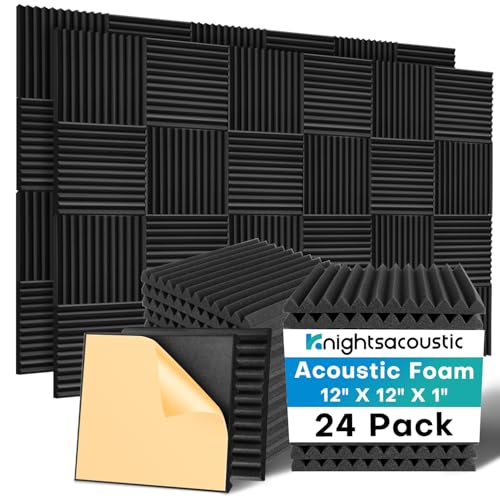 Knightsacoustic 24 Pack Sound Proof Foam Panels for Walls with Self Adhesive, 12x12x1 Acoustic Foam Panels, High Density Acoustic Panels Sound Absorbing, Fire Resistant Studio Sound Proofing Black - Image 1