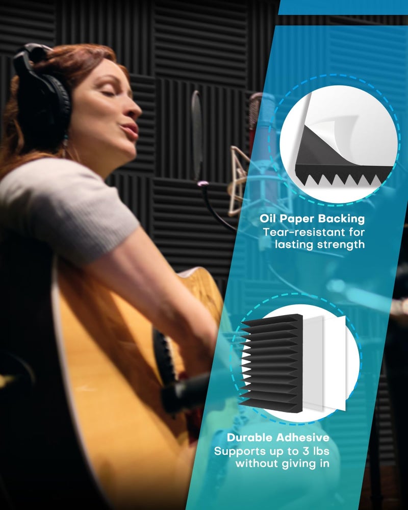 Knightsacoustic 24 Pack Sound Proof Foam Panels for Walls with Self Adhesive, 12x12x1 Acoustic Foam Panels, High Density Acoustic Panels Sound Absorbing, Fire Resistant Studio Sound Proofing Black - Image 3