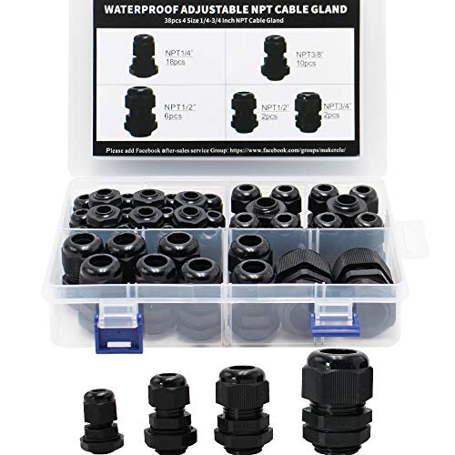 MAKERELE NPT Cable Glands Kit Waterproof Adjustable Nylon 1/4” 3/8” 1/2” 3/4” Plastic Strain Relief Cord Connectors 38pcs Black With Gaskets - Image 1
