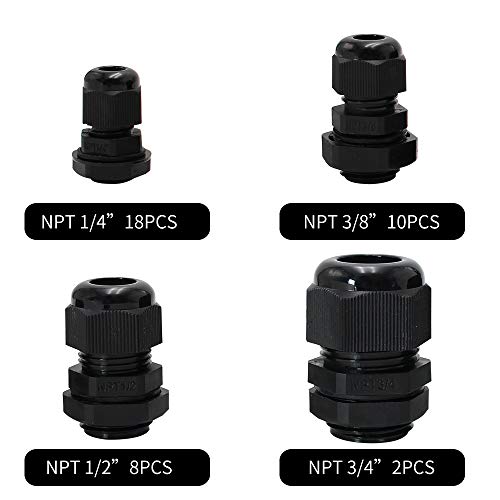 MAKERELE NPT Cable Glands Kit Waterproof Adjustable Nylon 1/4” 3/8” 1/2” 3/4” Plastic Strain Relief Cord Connectors 38pcs Black With Gaskets - Image 2