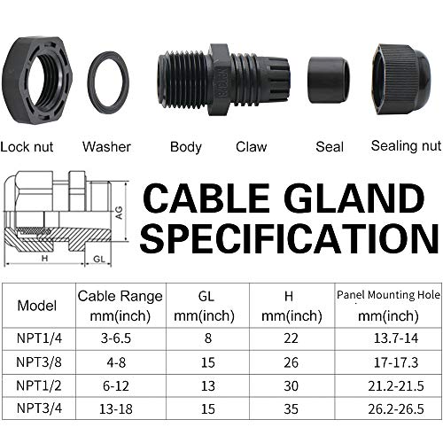 MAKERELE NPT Cable Glands Kit Waterproof Adjustable Nylon 1/4” 3/8” 1/2” 3/4” Plastic Strain Relief Cord Connectors 38pcs Black With Gaskets - Image 3