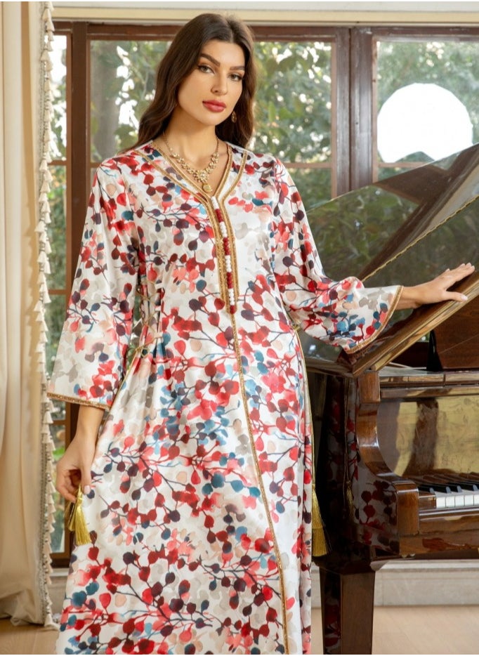 Loquat - Ladies Print V-Neck Long Sleeve Robe Maxi Dress With Belt Muslim Abaya Evening Dress Red - Image 1