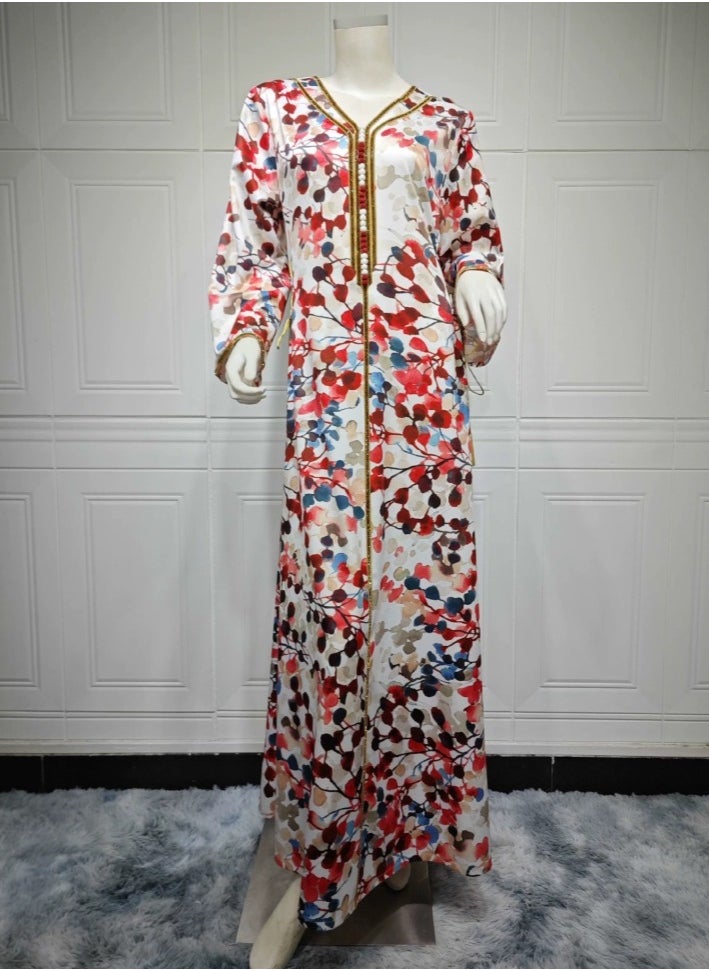 Loquat - Ladies Print V-Neck Long Sleeve Robe Maxi Dress With Belt Muslim Abaya Evening Dress Red - Image 1