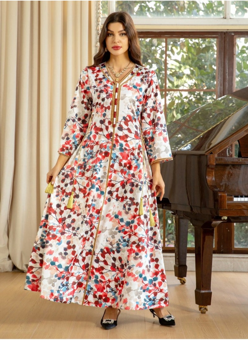 Loquat - Ladies Print V-Neck Long Sleeve Robe Maxi Dress With Belt Muslim Abaya Evening Dress Red - Image 1