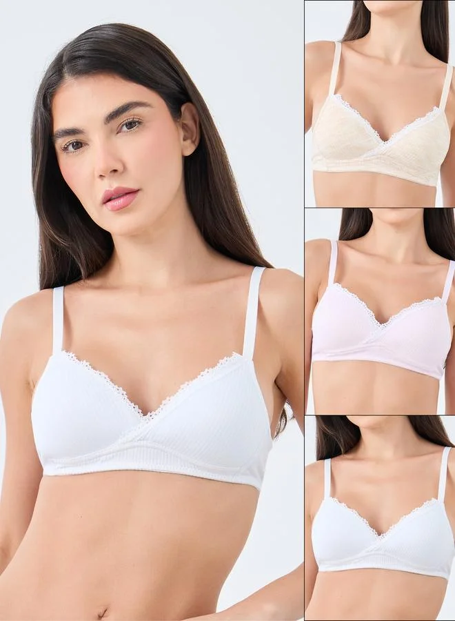 ستايلي Styli Pack of 3 - Rib Padded Non Wired Bra with Lace Detail