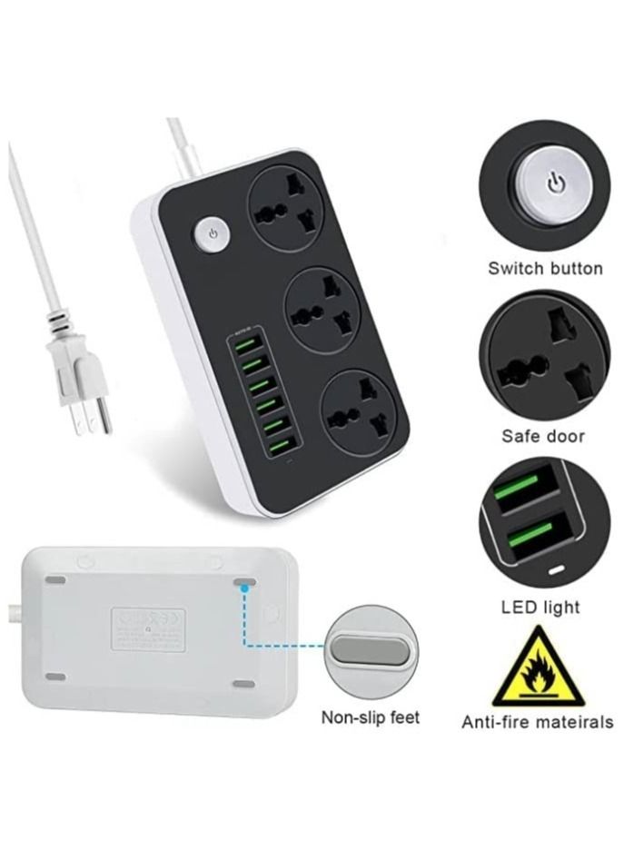 Power Strip with USB Ports Long Cord Universal Socket 3 Outlets Surge Protector 6 Quick USB (4A) Charging Station 2M Power Cord 2500W Circuit Breaker Child Safe Door - Image 5