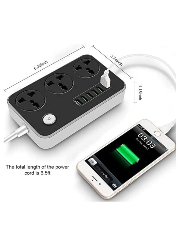 Power Strip with USB Ports Long Cord Universal Socket 3 Outlets Surge Protector 6 Quick USB (4A) Charging Station 2M Power Cord 2500W Circuit Breaker Child Safe Door - Image 4