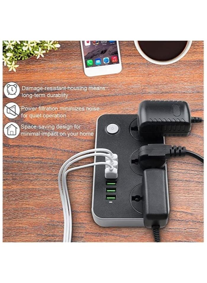 Power Strip with USB Ports Long Cord Universal Socket 3 Outlets Surge Protector 6 Quick USB (4A) Charging Station 2M Power Cord 2500W Circuit Breaker Child Safe Door - Image 3