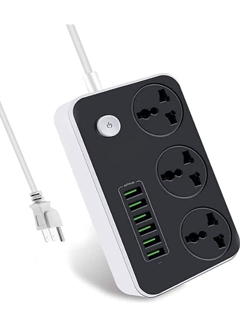 Power Strip with USB Ports Long Cord Universal Socket 3 Outlets Surge Protector 6 Quick USB (4A) Charging Station 2M Power Cord 2500W Circuit Breaker Child Safe Door - Image 1