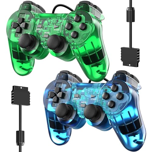 Degulan Wired Controller for PS-2 High Performance Double Shock Gamepad Joystick Remote Compatible with Play 2 (Clear Green and Clear Blue) - Image 1