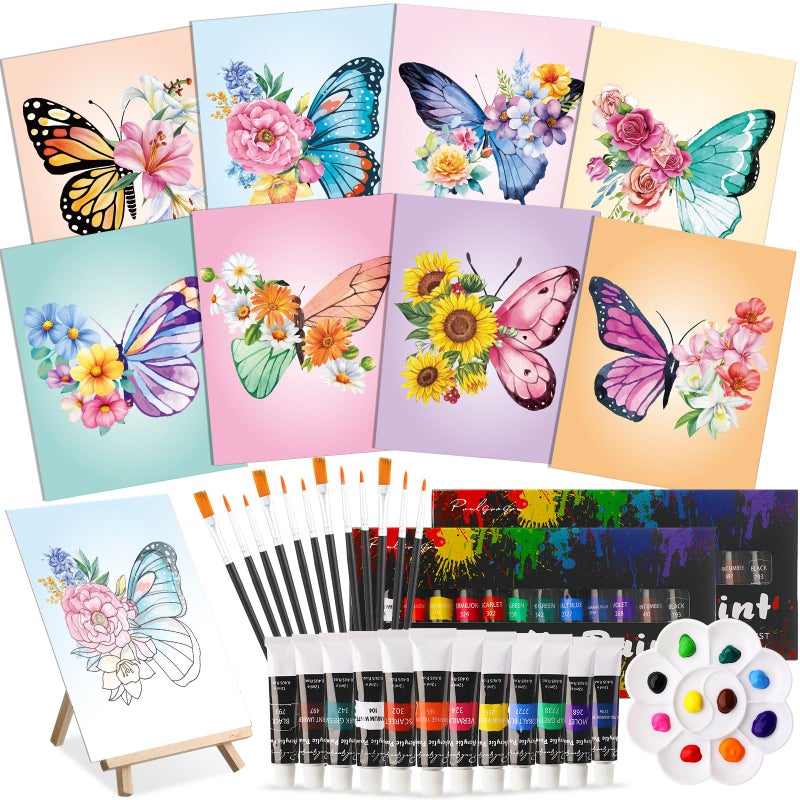 Cholemy 36 Pcs Paint and Sip Kit for Adults 8''x10'' Pre Drawn Canvas for Painting DIY Afro Acrylic Painting Kit Wood Easel Brushes Date Night Bulk for Easter Party Gifts(Butterfly) - Image 1