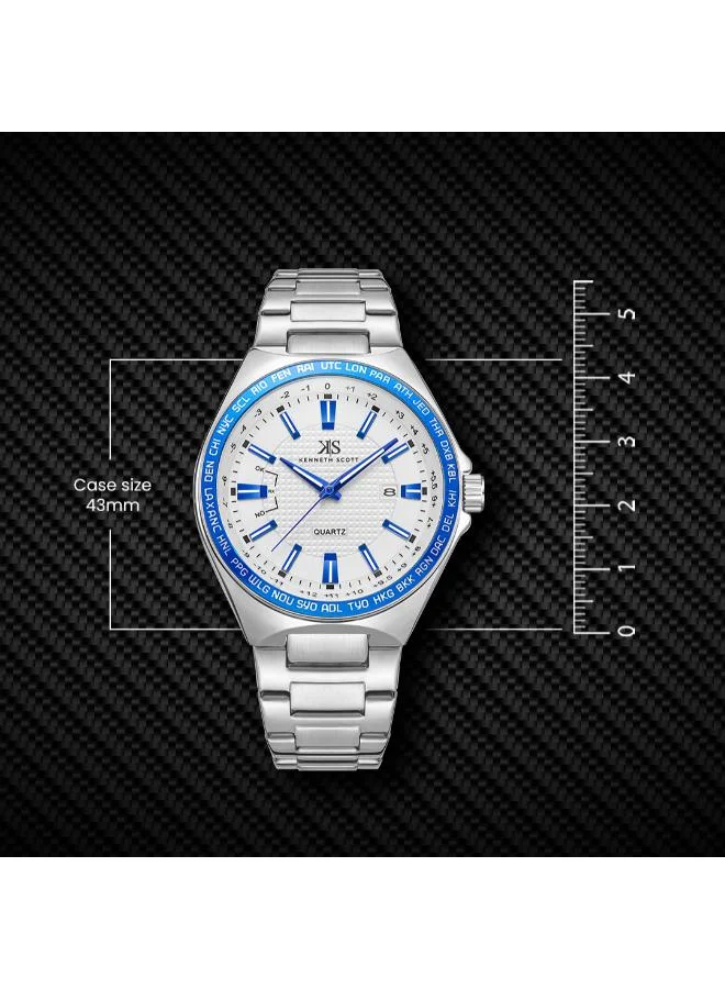Kenneth Scott White Men's Stainless Steel Analog Watch K23027-SBSWL - 43 mm for Men | Best Price UAE