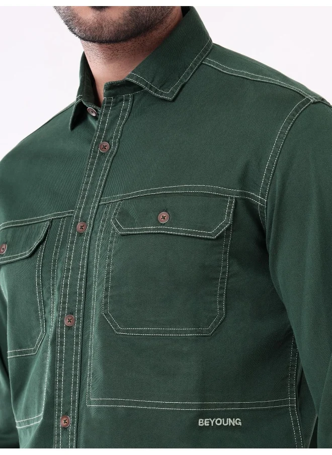 Beyoung Bottle Green Contrast Stitch Urban Shirt for Men