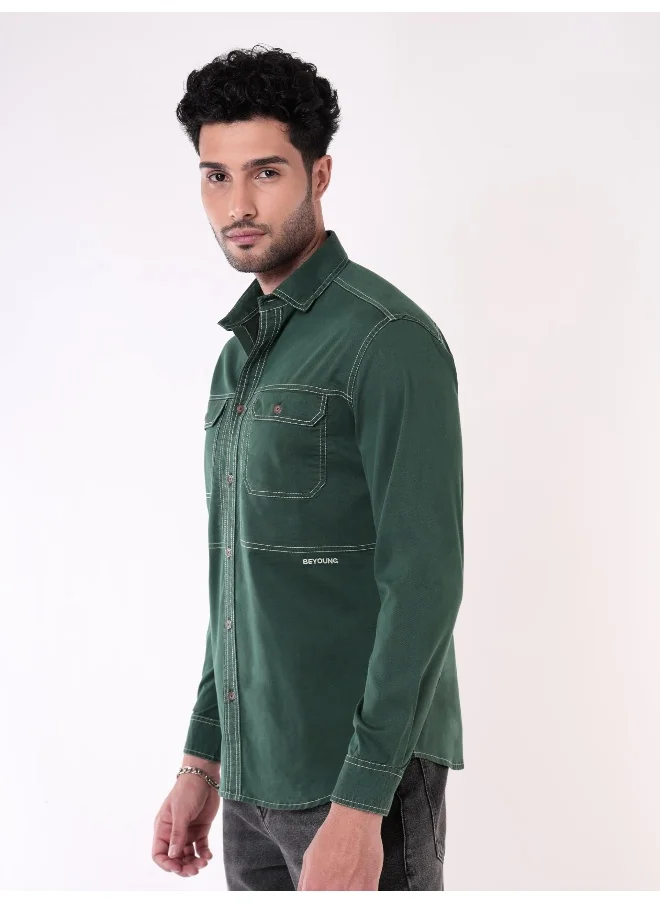 Beyoung Bottle Green Contrast Stitch Urban Shirt for Men
