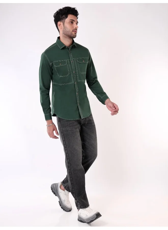 Beyoung Bottle Green Contrast Stitch Urban Shirt for Men