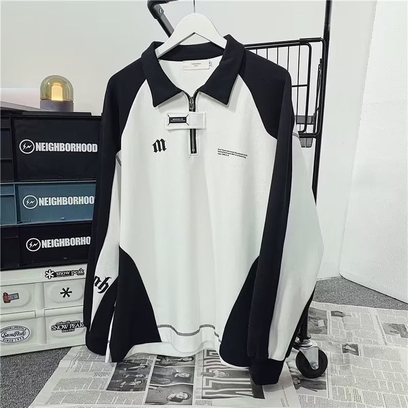 Retro Contrast Polo Sweatshirt Casual Mens Zip Top White