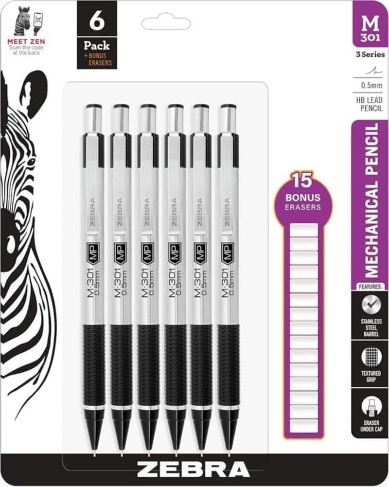 Zebra Pen Zebra M-301 Mechanical Pencils 0.5mm, Standard Stainless Steel HB Lead Pencil, 6 Pack with 15 Bonus Eraser Refills - Image 1