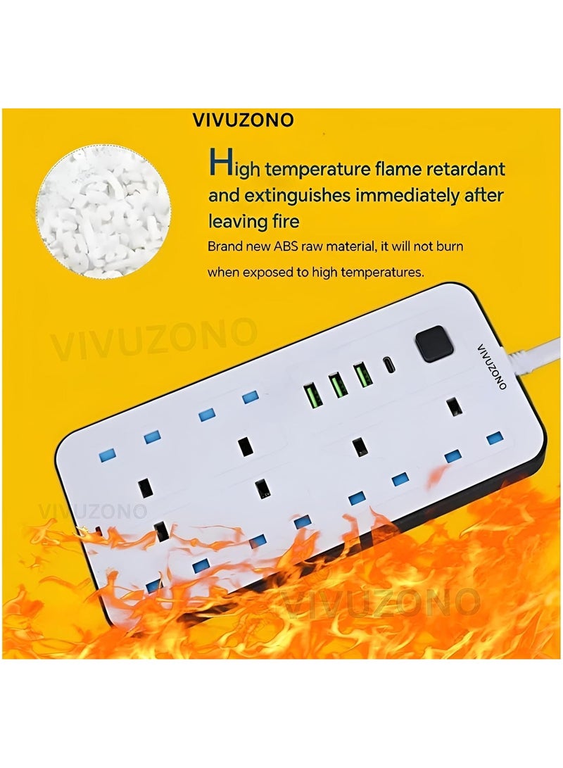 فيفوزونو لوحة تمديد Vivuzono بيضاء بطول 5 أمتار، 6 مقابس، 3 منافذ USB وType-C، 2500 واط، 10 أمبير، حماية من زيادة التيار - Image 3
