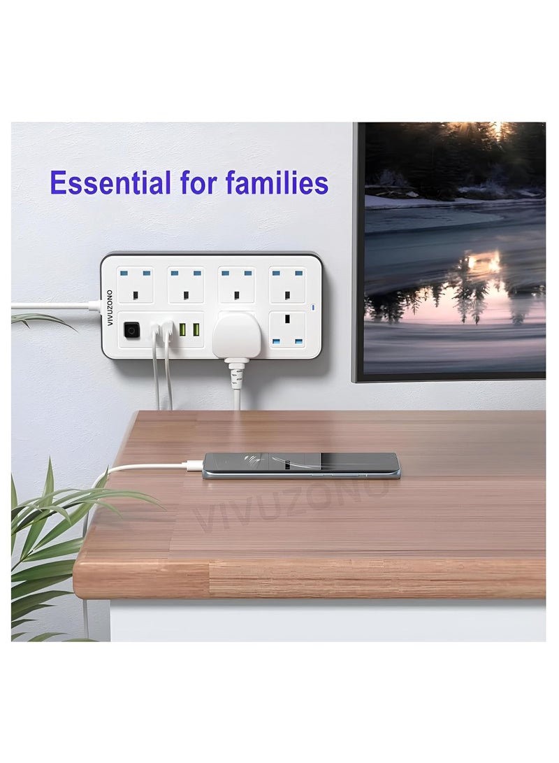 فيفوزونو لوحة تمديد Vivuzono بيضاء بطول 5 أمتار، 6 مقابس، 3 منافذ USB وType-C، 2500 واط، 10 أمبير، حماية من زيادة التيار - Image 4