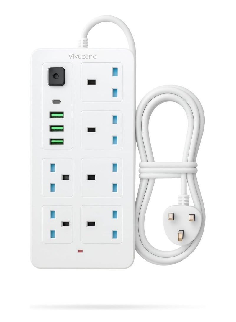فيفوزونو لوحة تمديد Vivuzono بيضاء بطول 5 أمتار، 6 مقابس، 3 منافذ USB وType-C، 2500 واط، 10 أمبير، حماية من زيادة التيار - Image 1