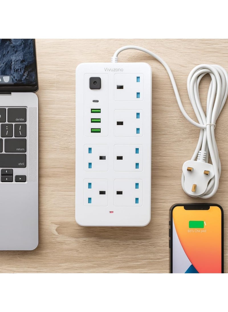 فيفوزونو لوحة تمديد Vivuzono بيضاء بطول 5 أمتار، 6 مقابس، 3 منافذ USB وType-C، 2500 واط، 10 أمبير، حماية من زيادة التيار - Image 2