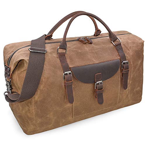 NEWHEY Oversized Travel Duffel Bag Waterproof Canvas Genuine Leather Weekend bag Weekender Overnight Carryon Hand Bag Brown - Image 1
