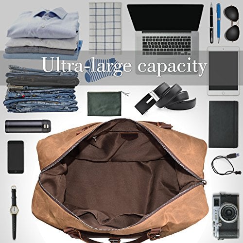 NEWHEY Oversized Travel Duffel Bag Waterproof Canvas Genuine Leather Weekend bag Weekender Overnight Carryon Hand Bag Brown - Image 2