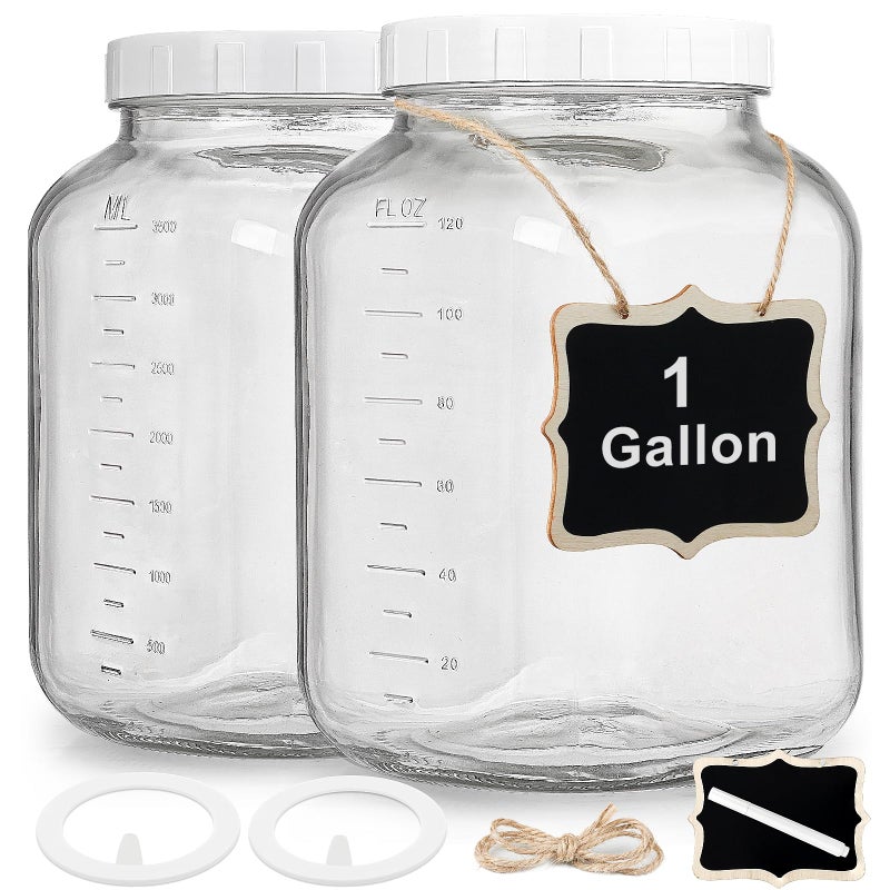 Folinstall 2 Pack Wide Mouth 1 Gallon Clear Glass Jar with Lid  Heavy Duty Airtight Screw Lid with Silicone Gasket - Large Mason Jar with 2 Scale Mark for Fermenting Kombucha and Storing Food(Extra 2 Gaskets) - Image 1