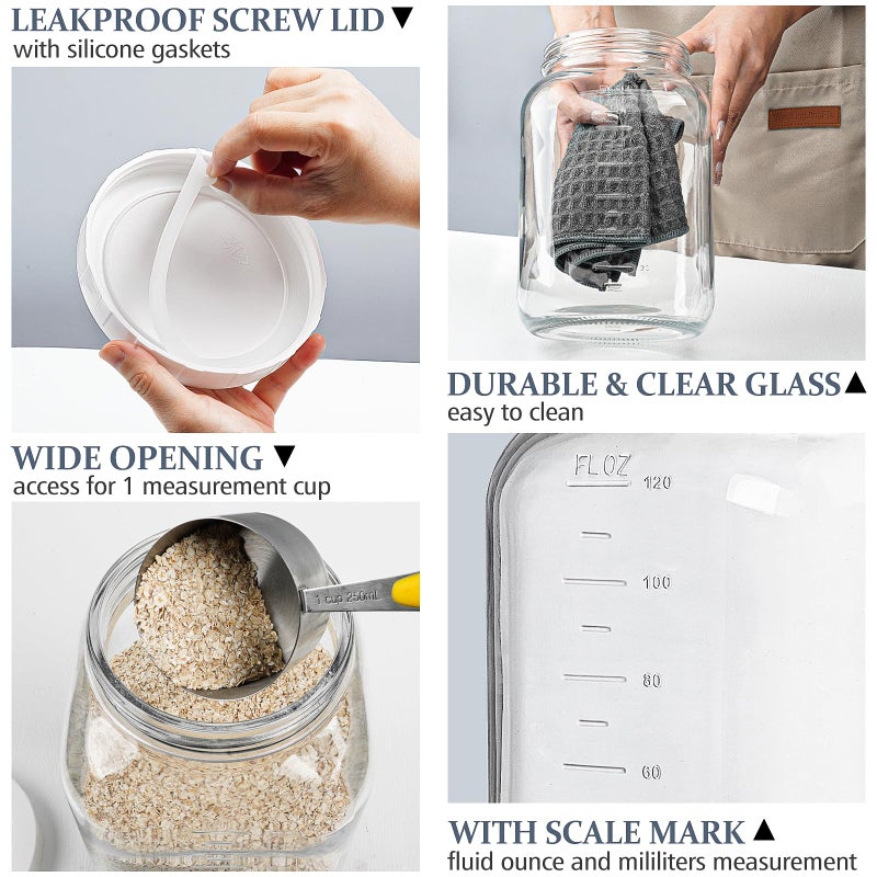 Folinstall 2 Pack Wide Mouth 1 Gallon Clear Glass Jar with Lid  Heavy Duty Airtight Screw Lid with Silicone Gasket - Large Mason Jar with 2 Scale Mark for Fermenting Kombucha and Storing Food(Extra 2 Gaskets) - Image 3